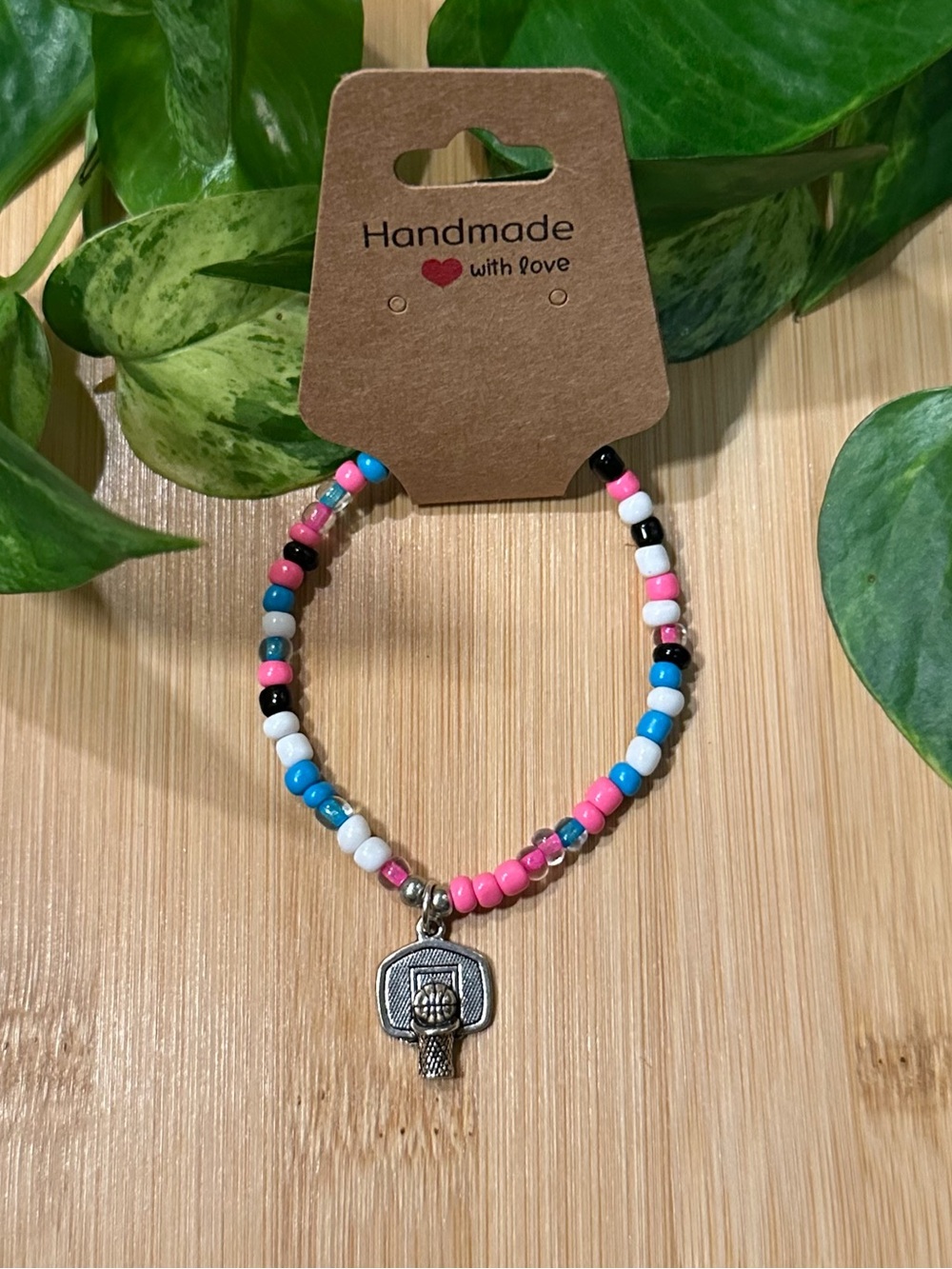 🏀✨ Basketball Stretchy Beaded Bracelet | Handmade | Silver Dangle Charm